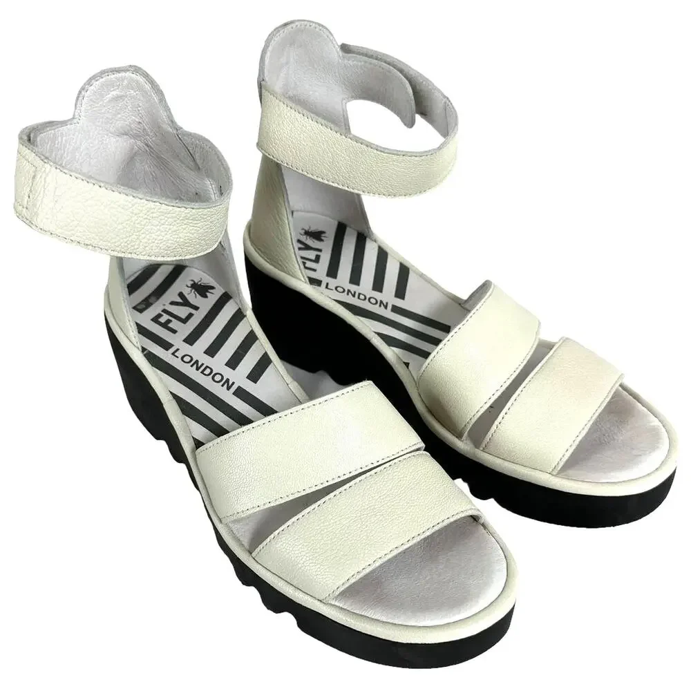 Fly London BONO290FLY Ankle Strap Wedge Sandal Off White Mousse Size 38 (US7.5)